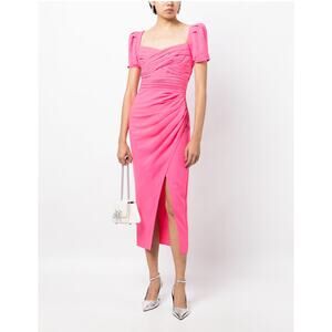 Self-Portrait Pink  Iris Puff-Sleeve Stretch Crepe Gathered Midi-Dress US 4